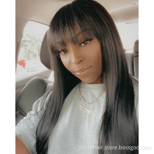 Wholesale Price Raw Cuticle Aligned Brazilian Virgin Human Hair Straight 10A Natural Head Spin Full Machine Made Wig with Bangs